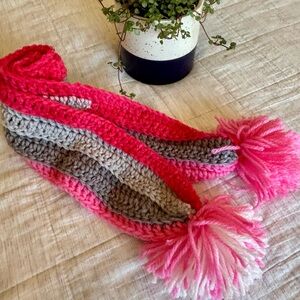 Pink and Gray Kids Scarf with Pom Poms